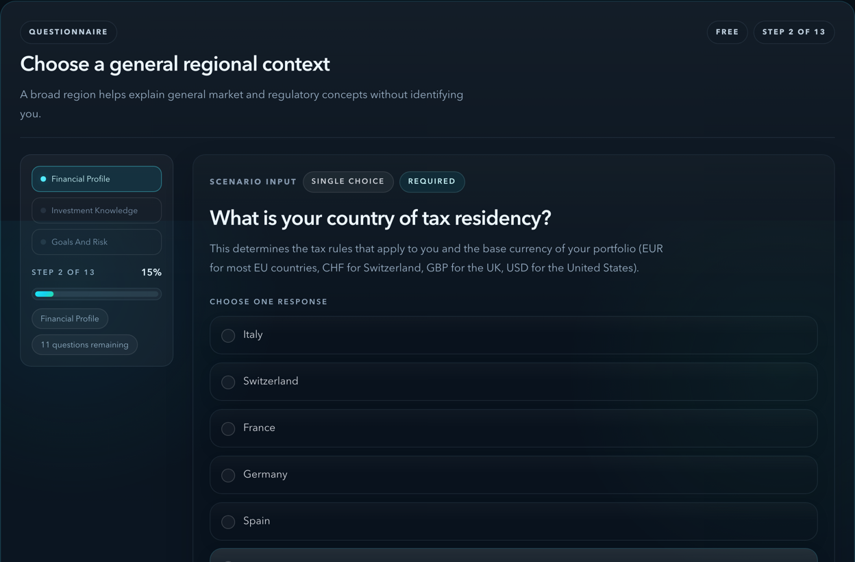 Real Portofolio Advisor questionnaire showing a hypothetical regional-context question and progress through the educational scenario.